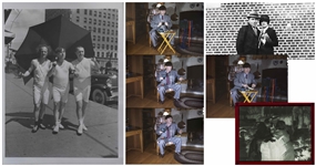 7 Negatives Including Famous Photo of The Three Stooges Walking Sans Clothes in Street Under Umbrella -- Negatives Also Feature Moe Howard & His Family, Measuring 5 x 4 -- Very Good